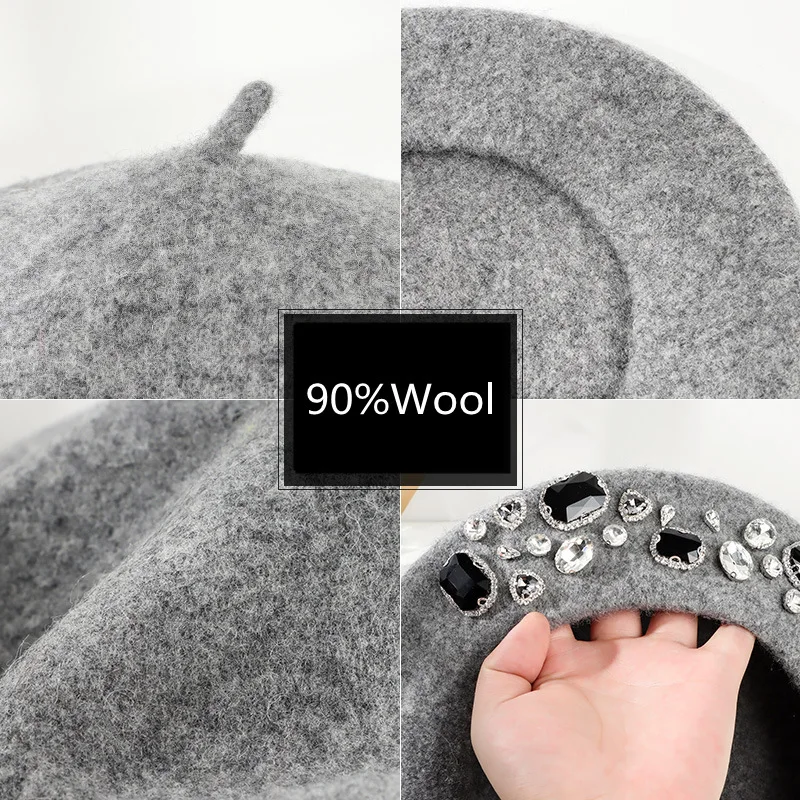 French Beret Thick Rhinestone  - Beret French Wool 评论和价格